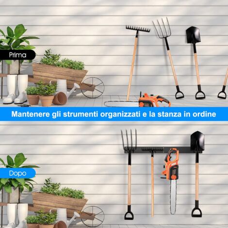 Portautensili da garage, 122 cm, sistema di archiviazione da parete con 6 ganci a doppio strato, gancio per attrezzi da giardino super resistente, per attrezzi da sci, sedia, rastrello, pala, attrezzi