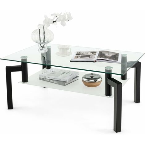 COSTWAY Tavolino da Salotto in Vetro Temperato Moderno, Tavolo Basso Rettangolare a 2 Livelli con Struttura in Metallo, Tavolino da Caffè per Soggiorno e Ufficio, 100 x 60 x 43 cm (1/3)
