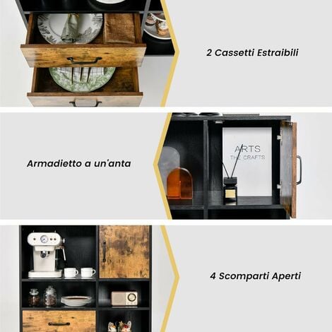 COSTWAY Credenza per Buffet, Mobile da Cucina con 4 Scomparti Aperti, 1 Ante,  2 Cassetti, per