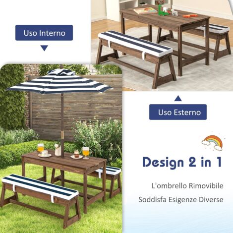 Tavolo Da Picnic Per Bambini In Legno Con Ombrello E Panche – Set 4 In 1 Con Cuscini E Cassette – Gioco Sabbia E Acqua – Copertura Inclusa - 3