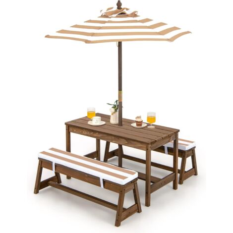 COSTWAY Tavolo da Picnic per Bambini con Parasole Pieghevole, Set di Tavolo e Panca in Legno con Cuscini, per Giardino, Cortile, Patio (Marrone)