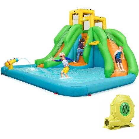 COSTWAY Castello Gonfiabile per Bambini, Con Scivolo, Parete di Arrampicata, Piscina e Canestro da Basket, per 3 Bambini di 3-10 Anni, 400 x 360 x 255 cm (con soffiatore)