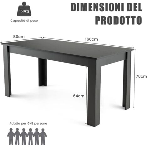 COSTWAY Tavolo da Pranzo Allungabile 160 CM, Tavolo da Pranzo Rettangolare con Gambe Robuste, Tavolo Moderno da Cucina e Sala da Pranzo per Massimo 8 Persone, 160x80x76cm,Nero