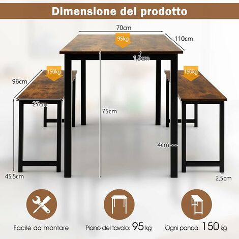 COSTWAY Set Tavolo e Sedie Cucina 3 Pezzi, Tavolo Pieghevole con Sedie 2  Ripiani e 4