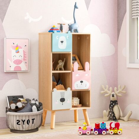 COSTWAY Libreria per Bambini, Mobile Portagiochi con 3 Cassetti e 4  Scomparti Aperti per Giocattoli e Libri, Scaffale Libreria da Cameretta,  Asilo Nido e Aula, 40 x 25 x 82 cm, Stile Cartone Animato