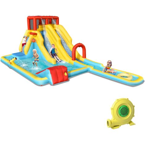 COSTWAY Castello Gonfiabile 8 in 1 per Bambini, Parco Acquatico con 2 Scivoli, Parete di Arrampicata, Area Basket e Palla, Borsa di Trasporto e Kit Riparazione, 622 x 335 x 225 cm (Con soffiatore)