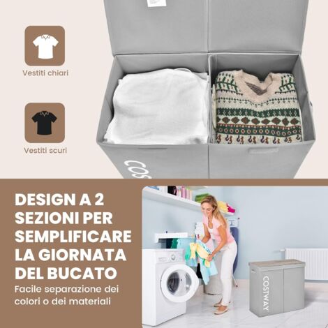 Lifewit Cesto portabiancheria a 2 scomparti con coperchio, contenitore per biancheria da 145 litri con telaio