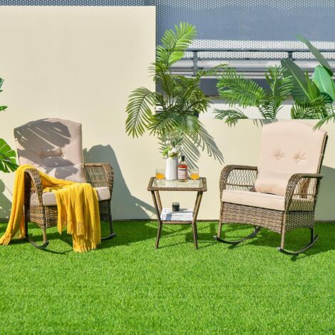 Set Giardino 3 Pezzi Costway - 2 Sedie A Dondolo E Tavolino In Rattan PE, Con Cuscini - Per Esterno, Balcone O Terrazza - Foto 6
