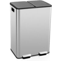 COSTWAY Bidone per la Raccolta Differenziata con 2 Scomparti da 30 L, Bidone con Coperchi a Chiusura Ammortizzata, Secchi Interni in Plastica, Bidone in Acciaio Inox Anti-Impronte, Argento