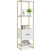 COSTWAY Libreria a 5 Ripiani con Cassetto, Scaffale di Stoccaggio con Struttura in Metallo e Kit Antiribaltamento, Unità Espositiva Autoportante per Camera da Letto Soggiorno, 45x35x160 cm (Bianco)