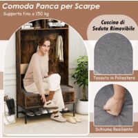 COSTWAY Appendiabiti alto 170 cm, appendiabiti 4 in 1 con cuscino di seduta, scomparti aperti, ganci, sedile pieghevole e scarpiera