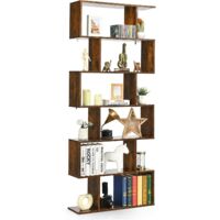 COSTWAY Libreria in Legno Scaffale Multifunzionale a 6 Ripiani per Piante e Libri per Ufficio Casa Ripiano a Forma di S, 80 x 23 x 192 cm (Caffè)