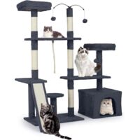 COSTWAY Albero per Gatti Alto 136 cm, Tiragraffi per Gatti da Interno con Tiragraffi, Rampa, 2 Posatoi Imbottiti, Ampio Condo, Palline Pendenti, Corda Appesa e Piattaforma Multilivello (Grigio Scuro)