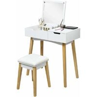 Toeletta con Specchio, Tavolo da Trucco Specchiera con Sgabello e Cassetto, Organizer  Cosmetici in Legno, per