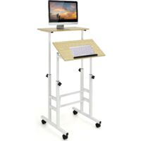 COSTWAY Scrivania Mobile, Scrivania Regolabile in Altezza, Postazione di Lavoro con Ruote per Computer per Casa e Ufficio, Struttura in Acciaio Rinforzato, Naturale