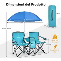 COSTWAY Set di 2 Sedie da Campeggio Pieghevoli, con Ombrellone e Tavolino  Contenitore, Resistente e Leggero, Capacità 270 kg (blu)