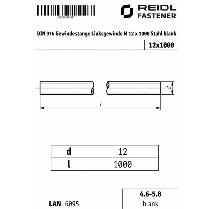 Gewindestange M6 x 1000 Linksgewinde , verzinkt , DIN 975-8.8