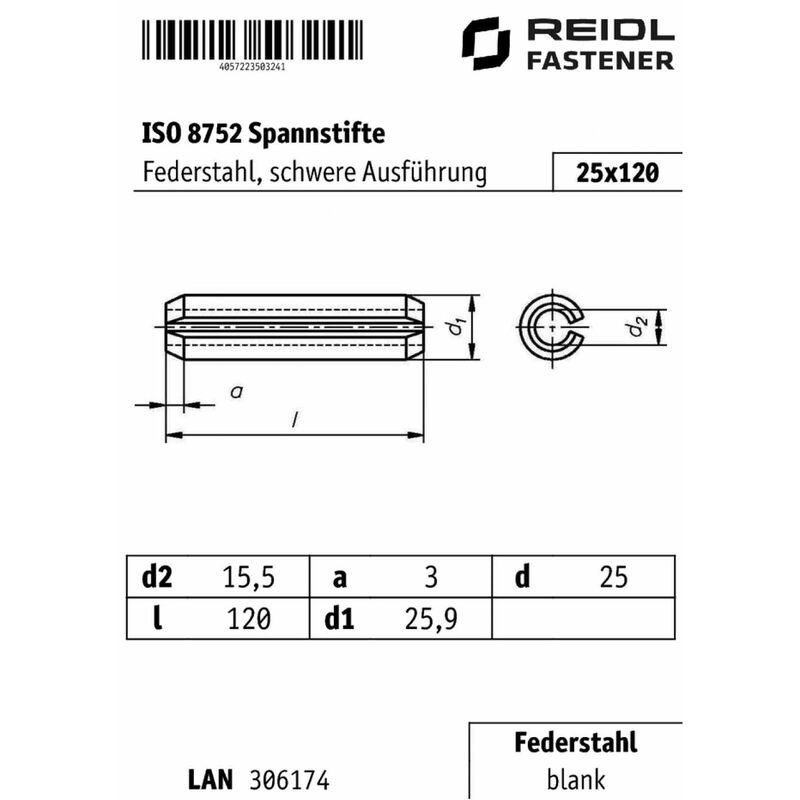 ISO 8752 Spannstifte/Spannhülsen, Federstahl, 25x120 HP