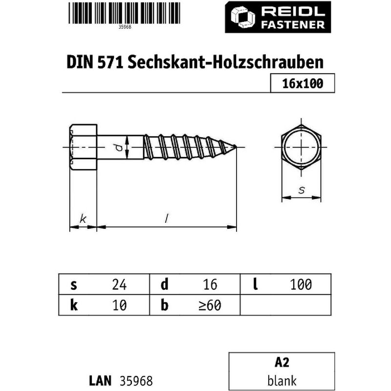 DIN 571 Holzschrauben, 16 x 100 A2 blank, Außensechskant