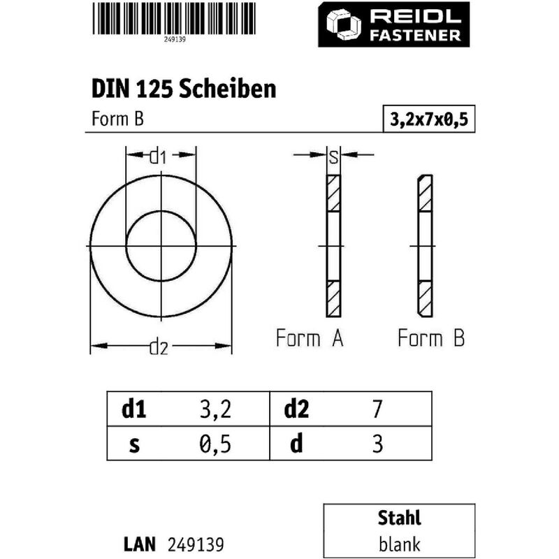 DIN 125 Scheiben, Form B, 3,2 (3,2x7x0,5) Stahl blank