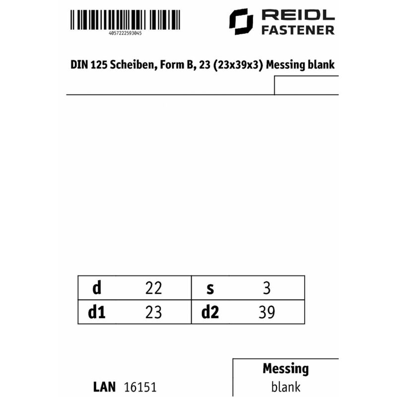 DIN 125 Scheiben, Form B, 23 (23x39x3) Messing blank