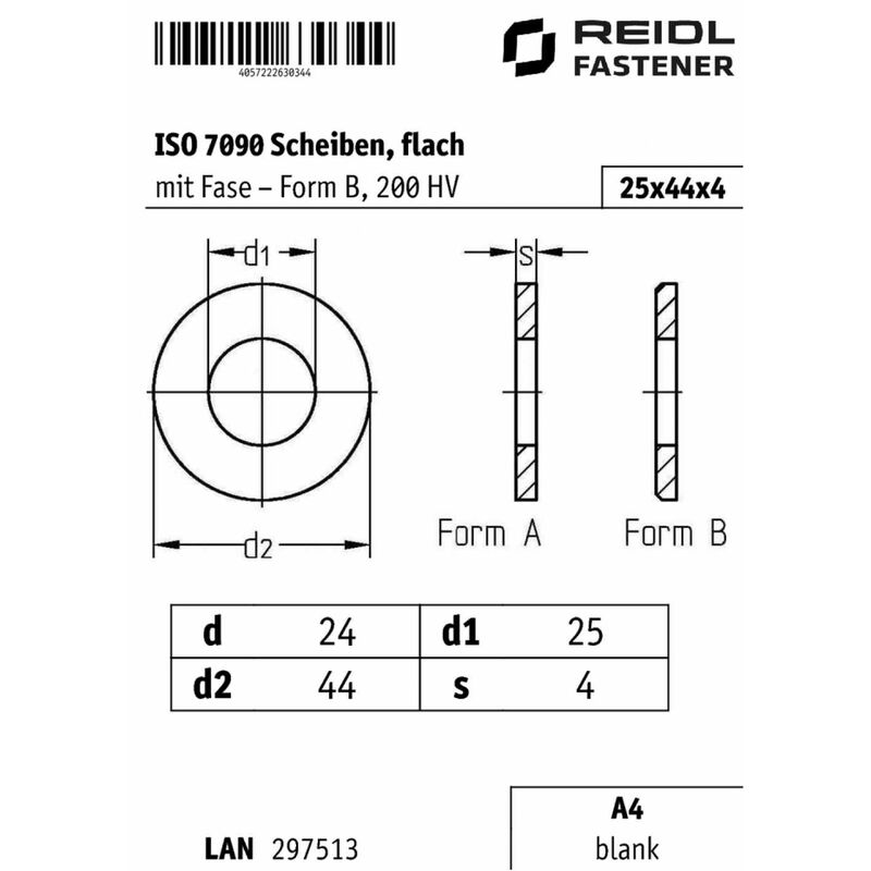 ISO 7090 Scheiben 24 (25x44x4), 200 HV, Form B flach mit Fase, A4 blank,  Produktklasse A