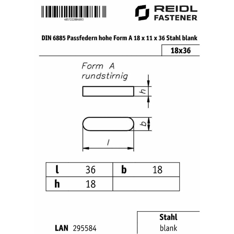 DIN 6885 Passfedern hohe Form A 18 x 11 x 36 Stahl blank