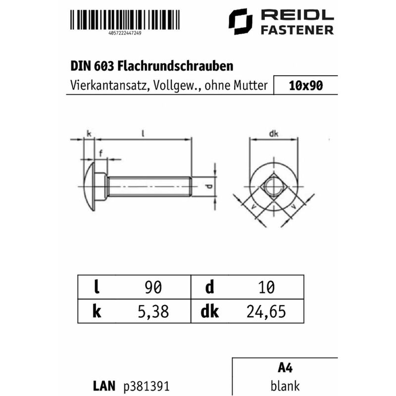 DIN 603 Flachrundschrauben Vierkantansatz M 10 x 90 Gewinde bis Vierkant A4  blank, ohne Mutter