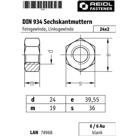 Reidl DIN 934 Sechskantmuttern, M 24 x 2,  6 / 6 Au Linksgewinde Fein blank