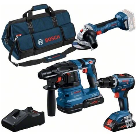 Bosch Profi Set 18V: GSR 18V-55, GWS 18V-7, GBH 18V-22, 2x Akku 4 Ah, Schnellladegerät, Tasche