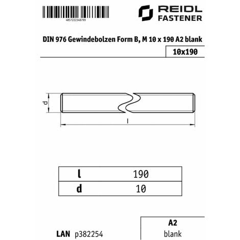 DIN 976 Gewindebolzen Form B, M 10 X 190 A2 Blank