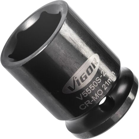 VIGOR Schlagschrauber Steckschlüsseleinsatz, kurz, V5550S-21, 1/2 (12,5 mm) Vierkant hohl, Außen Sechskant Profil, SW 21 mm (1/4)