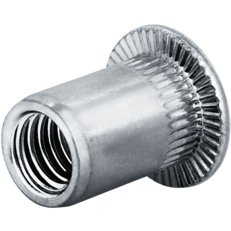 Goebel Blindnietmutter Edelstahl blank, Flachkopf, M 10, Rundschaft gerändelt, offen, Klemmbereich 3,1-6