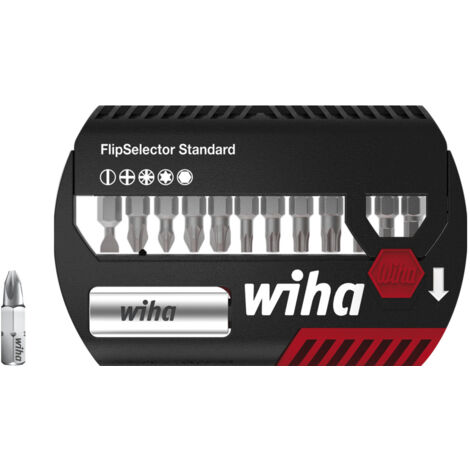 Wiha Bit Set FlipSelector Standard 13-tlg. I 25 mm gemischt 1/4" I magnetischer Bithalter I Öffnen per Knopfdruck (39078) (1/5)