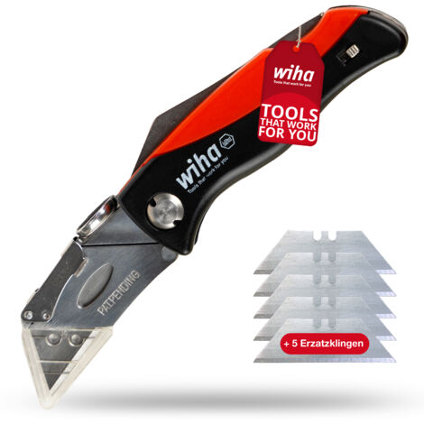 Wiha Klappmesser inkl. 6 Trapezklingen I extra scharf I Cuttermesser für Karton, Gips, Teppich, PVC I schneller Klingenwechsel (45425)