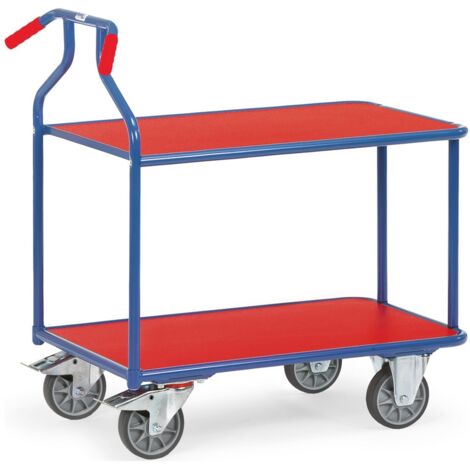 fetra Optiliner-Tischwagen blau/rot, 2 Holz-Plattformen, Ladefläche 900 x 600 mm (1/2)