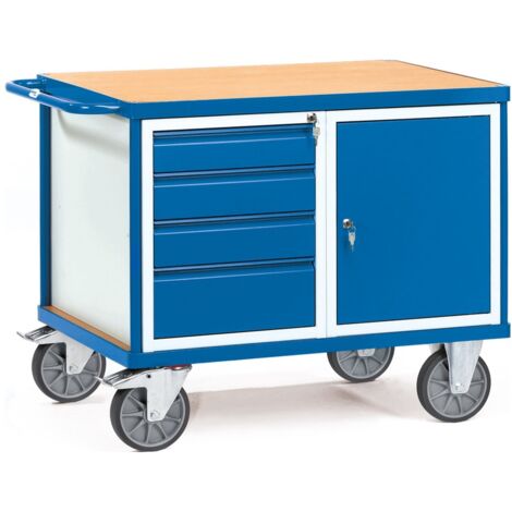 fetra Werkstattwagen, Ladefläche 1050 x 700 mm, Holz-Plattform, verschließbarer Stahlschrank, 4 Schubladen (1/2)