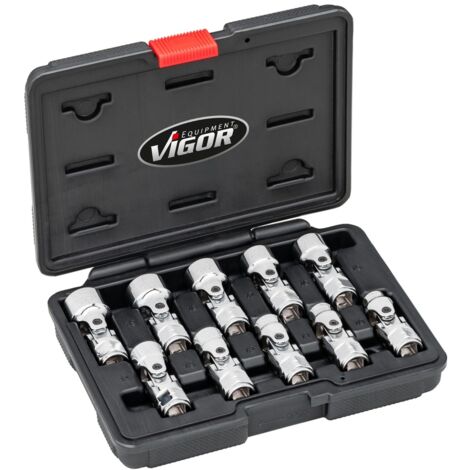 VIGOR Gelenksteckschlüssel Satz, 3/8 (10 mm) Vierkant hohl, Außen Doppelsechskant Profil, 10-tlg., 10 - 19 mm, Anzahl Werkzeuge: 10