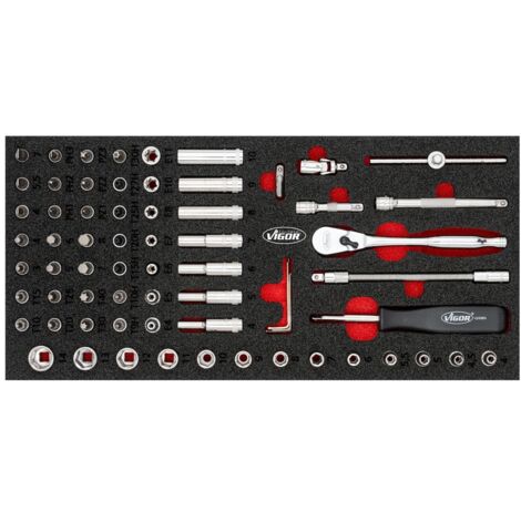 VIGOR Steckschlüssel Werkzeug Satz, 67-tlg., 0,8 x 4 – 1,2 x 7 mm, 3 – 14 mm, E4 – E11, PH1 – PH3, PZ1 – PZ3, T9H – T30H, T10 – T40, Anzahl Werkzeuge: (1/2)