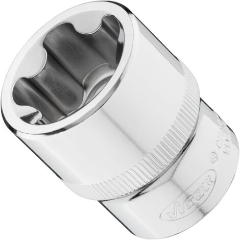 VIGOR Steckschlüsseleinsatz, 1/2 (12,5 mm) Vierkant hohl, Außenprofil mit 5 abgerundeten Flanken (TORX-ähnlich), SW E28+ (1/2)