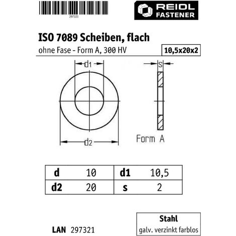 ISO 7089 Scheiben 10 (10,5x20x2),300 HV, Form A flach ohne Fase, Stahl  galvanisch verzinkt