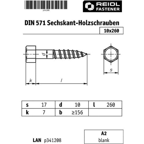 DIN 571 Holzschrauben, 10 x 260 A2 blank, Außensechskant