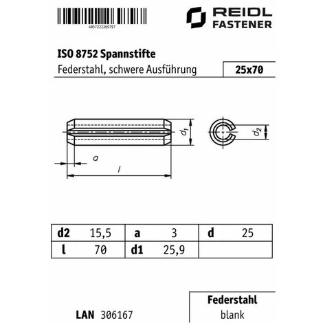 ISO 8752 Spannstifte/Spannhülsen, Federstahl, 25x70 HP