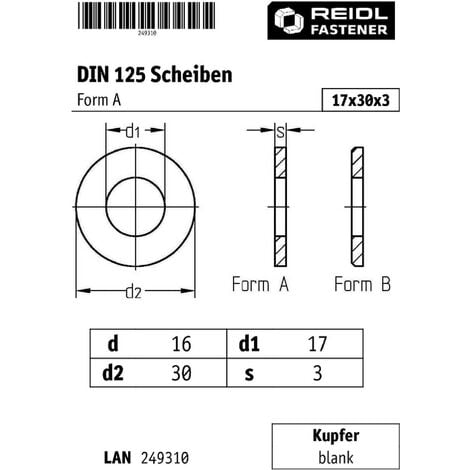 DIN 125 Kupfer-Scheiben, Form A, 17 (17x30x3) blank