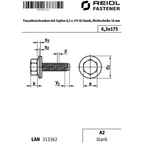 Reidl Fassadenschrauben mit Zapfen 6,3 x 175 A2 blank, Dichtscheibe 16 mm