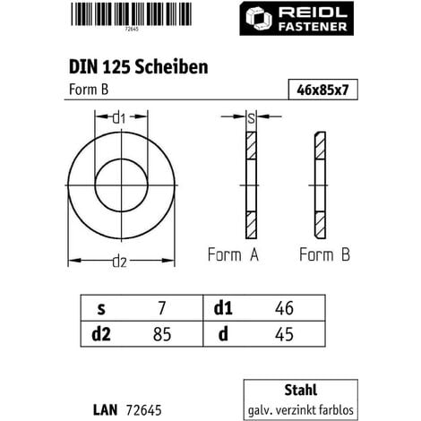 DIN 125 Scheiben, Form B, 46 (46x85x7) Stahl galvanisch verzinkt