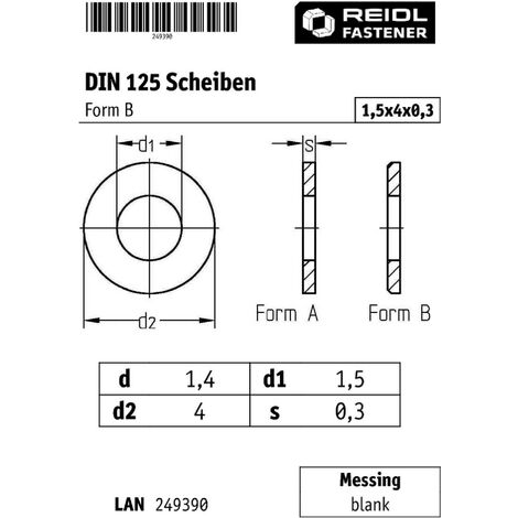DIN 125 Scheiben, Form B, 1,5 (1,5x4x0,3) Messing blank