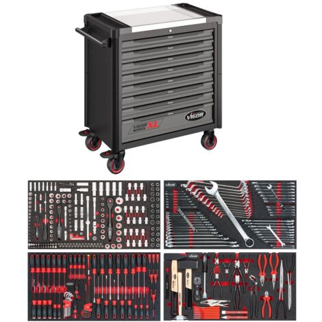 VIGOR Werkstattwagen Series XL, Edelstahl-Arbeitsplatte, mit Sortiment, 375-tlg., Anzahl Werkzeuge: 375