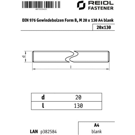 DIN 976 Gewindebolzen Form B, M 20 X 130 A4 Blank