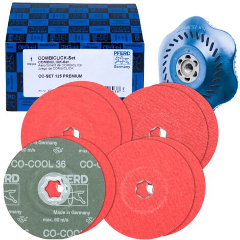 PFERD TOOLS COMBICLICK-Fiberscheiben-Set Keramikkorn Ø125mm CO-COOL 36, 60, 80, 120 mit CC-H-GT-Stützteller für Edelstahl (1/4)
